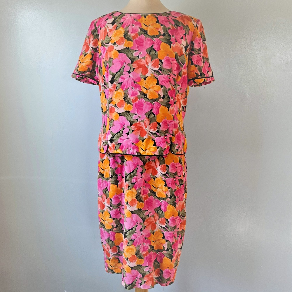 Maggy London Silk Dress Pink Orange Floral Tropical Vintage 90s Size 16 XL